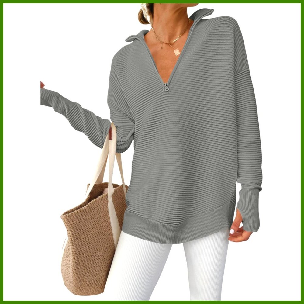 Long Sleeve Quarter Zip Pullover Sweater Ribbed Knit Thumb Hole